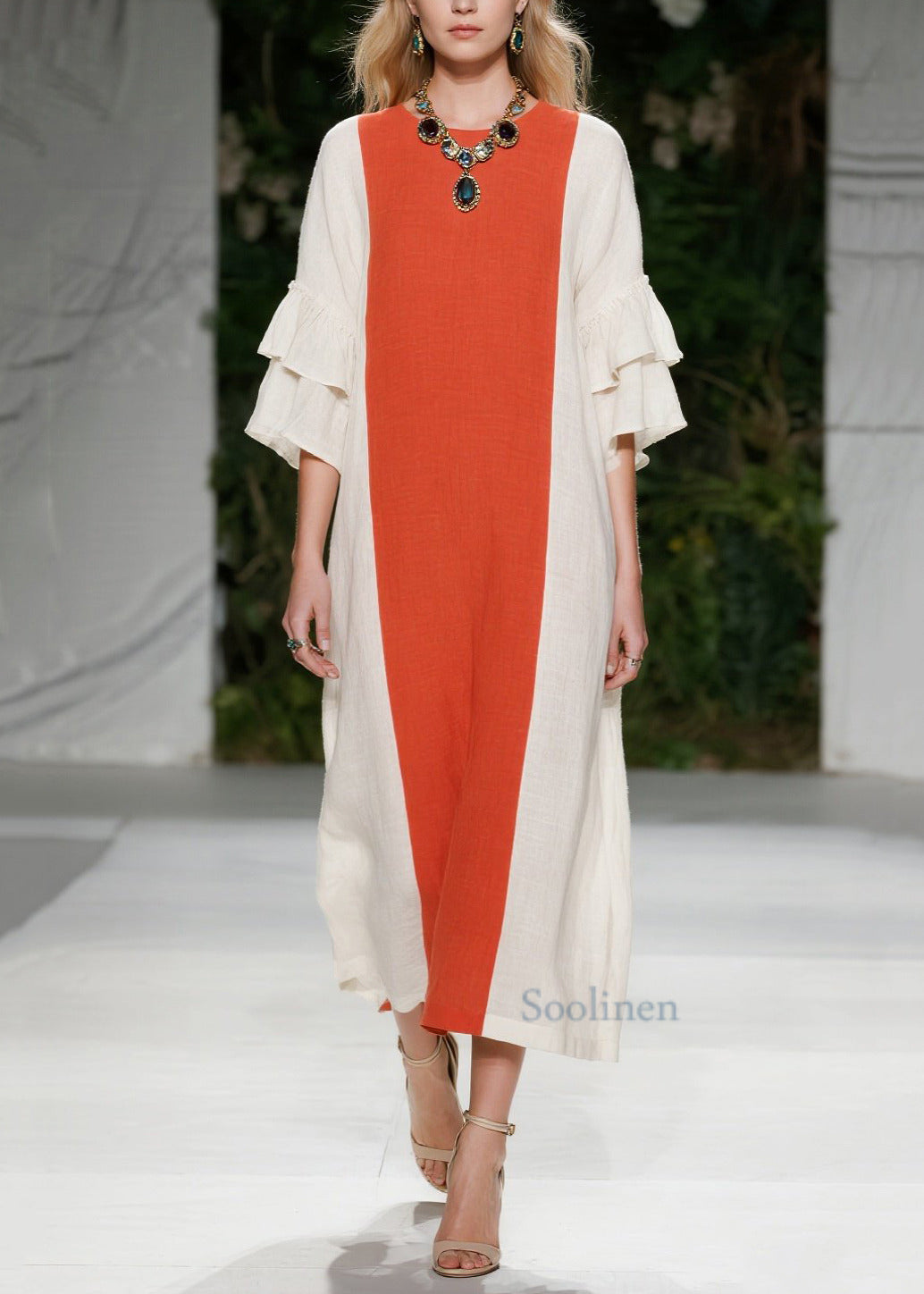 Chic Orange Oversized Patchwork Cotton Maxi Dresses Flare Sleeve