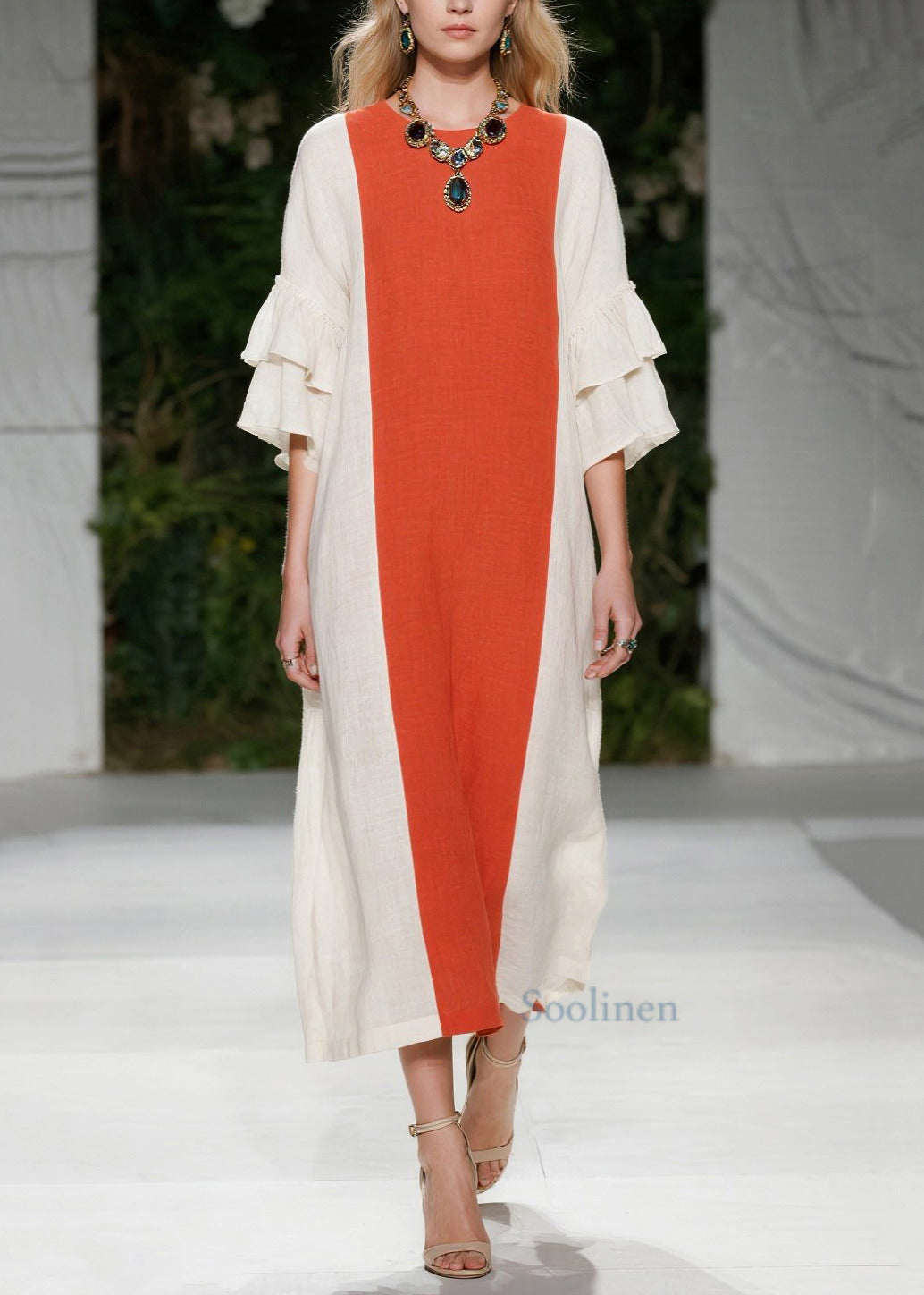 Chic Orange Oversized Patchwork Cotton Maxi Dresses Flare Sleeve