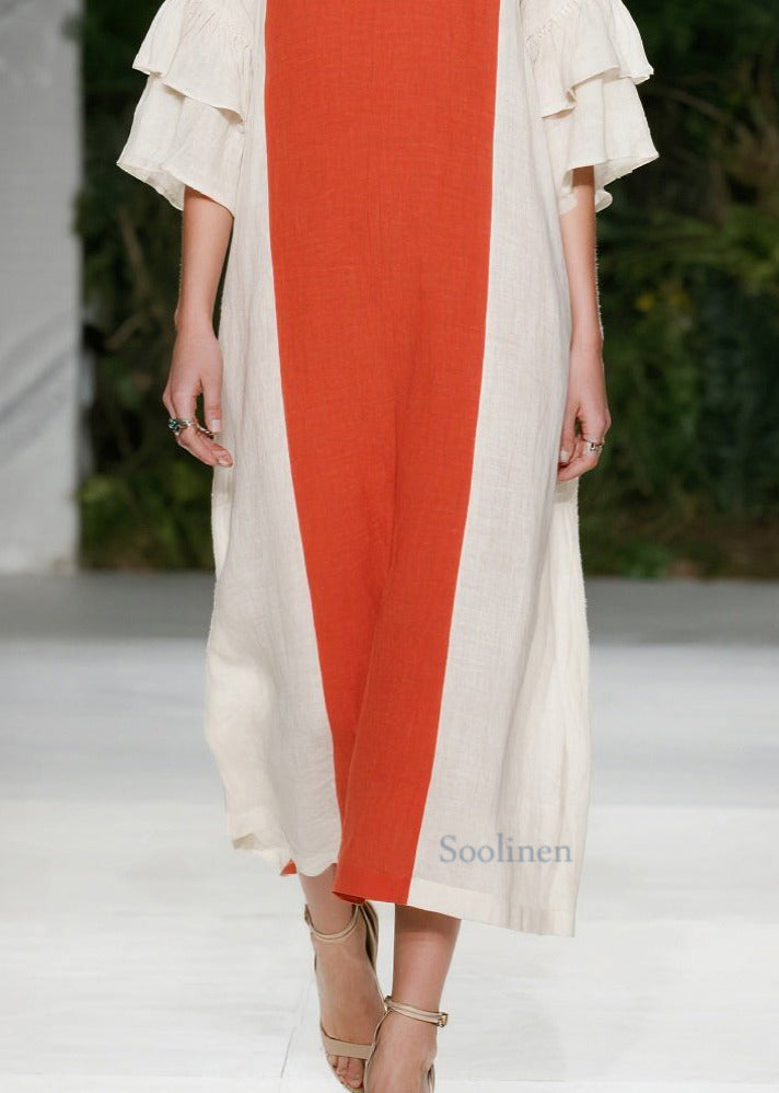 Chic Orange Oversized Patchwork Cotton Maxi Dresses Flare Sleeve