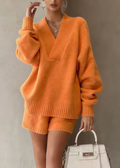 Chic Orange Oversized Warm Knit Sweaters And Shorts Two Piece Set Winter