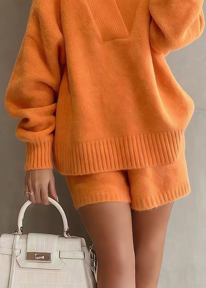 Chic Orange Oversized Warm Knit Sweaters And Shorts Two Piece Set Winter