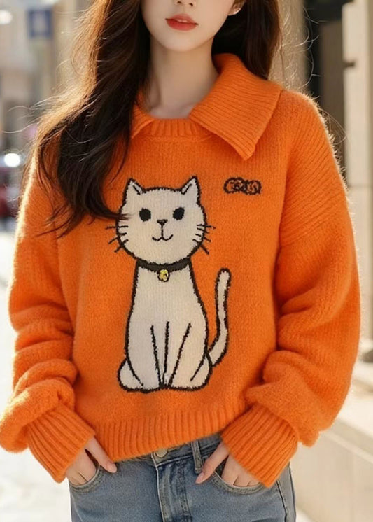 Chic Orange Peter Pan Collar Cats Knitted Sweater Tops Spring
