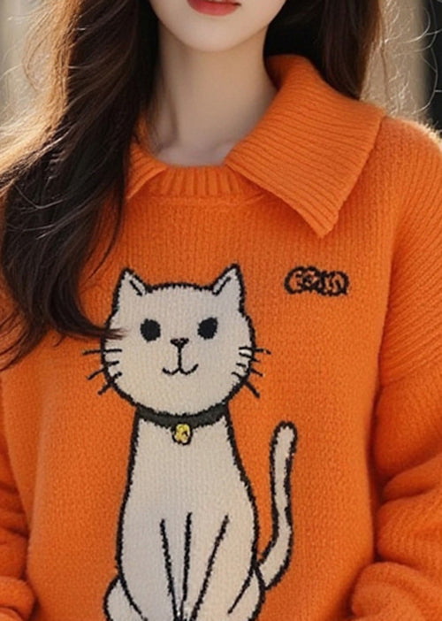 Chic Orange Peter Pan Collar Cats Knitted Sweater Tops Spring