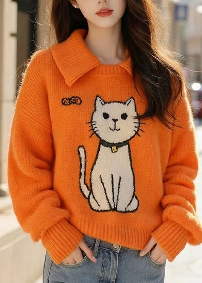 Chic Orange Peter Pan Collar Cats Knitted Sweater Tops Spring