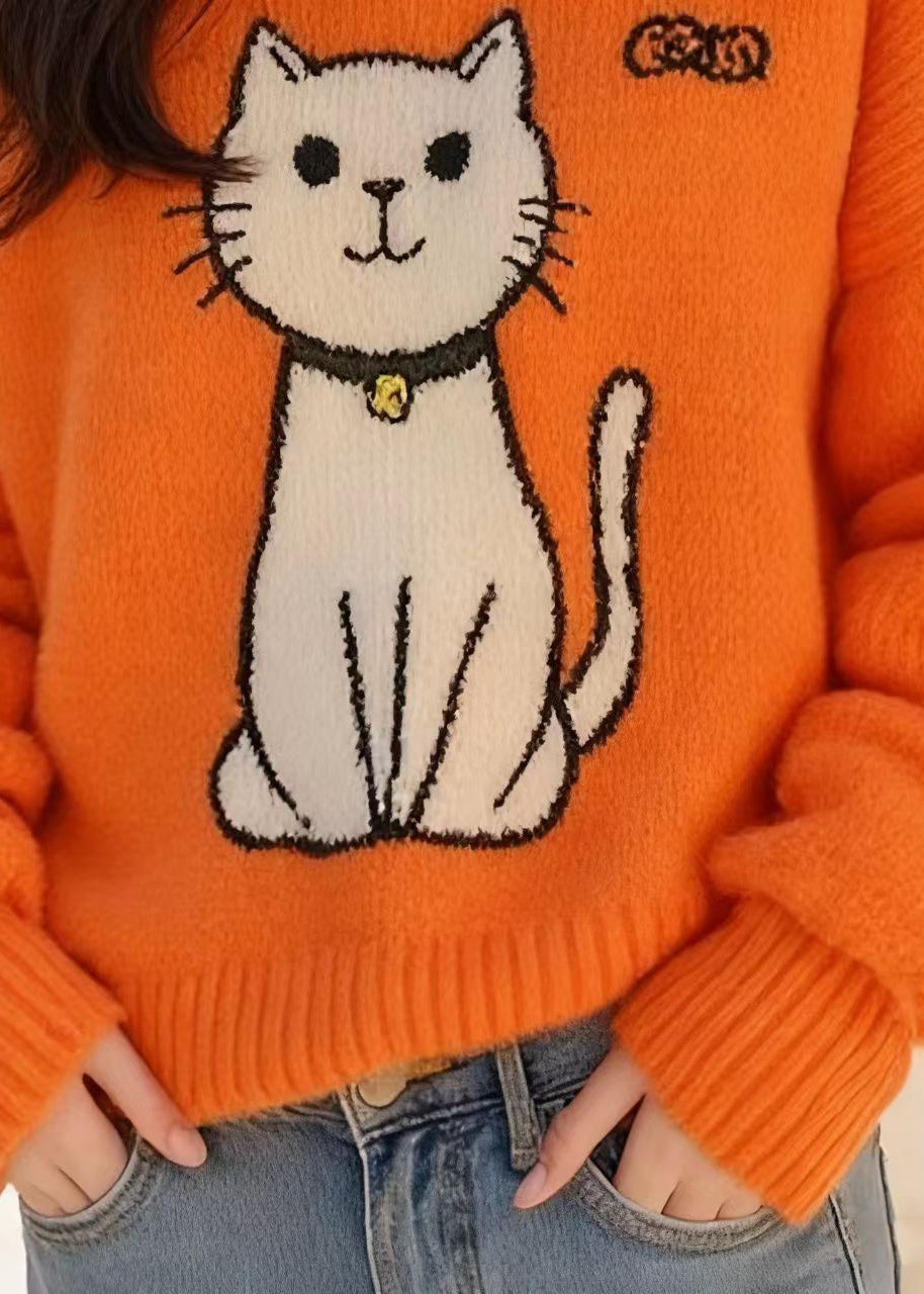 Chic Orange Peter Pan Collar Cats Knitted Sweater Tops Spring