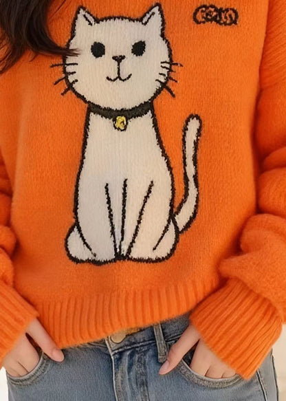 Chic Orange Peter Pan Collar Cats Knitted Sweater Tops Spring