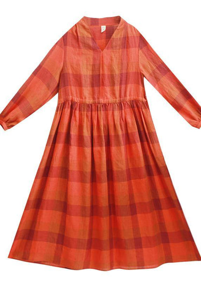 Chic Orange Plaid Clothes O Neck Drawstring Spring Dress - SooLinen