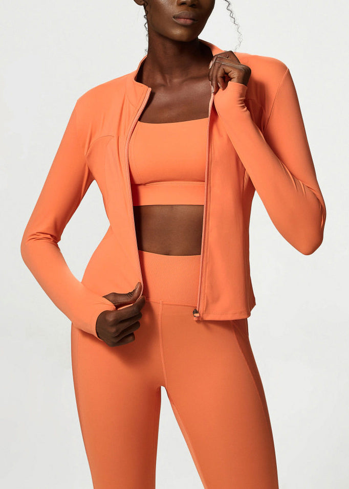 Chic Orange Stand Collar Zip Up Long Sleeve Patchwork Athletic Yoga Top Coat