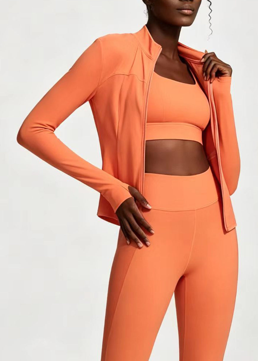 Chic Orange Stand Collar Zip Up Long Sleeve Patchwork Athletic Yoga Top Coat