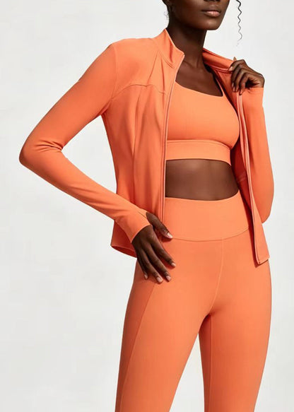 Chic Orange Stand Collar Zip Up Long Sleeve Patchwork Athletic Yoga Top Coat
