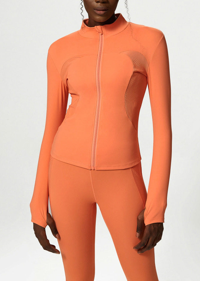 Chic Orange Stand Collar Zip Up Long Sleeve Patchwork Athletic Yoga Top Coat