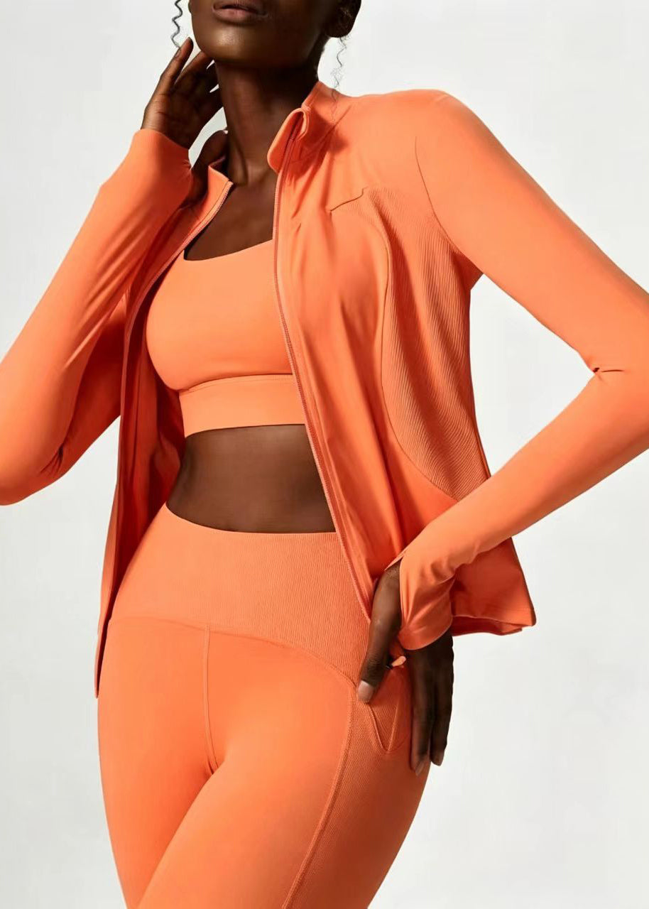 Chic Orange Stand Collar Zip Up Long Sleeve Patchwork Athletic Yoga Top Coat