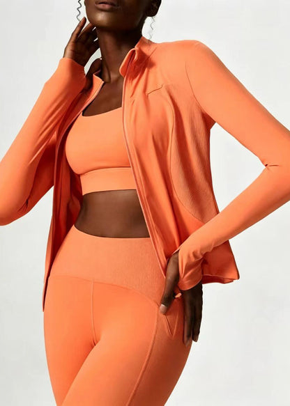 Chic Orange Stand Collar Zip Up Long Sleeve Patchwork Athletic Yoga Top Coat