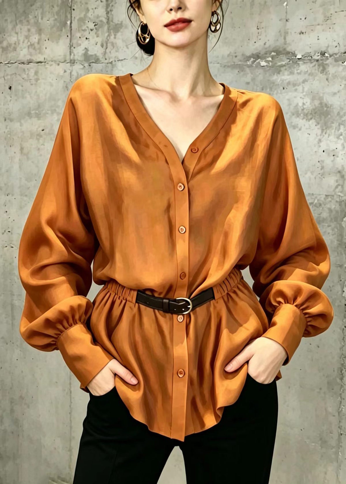 Chic Orange V Neck Button Front Belted Shirt Top Fall
