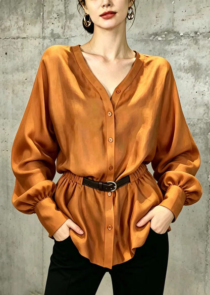 Chic Orange V Neck Button Front Belted Shirt Top Fall