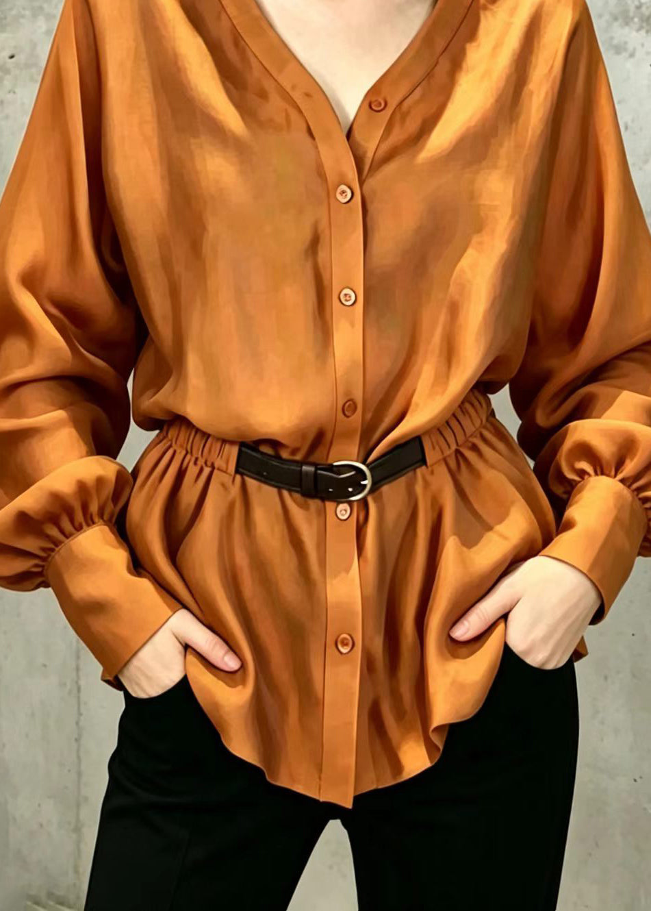 Chic Orange V Neck Button Front Belted Shirt Top Fall