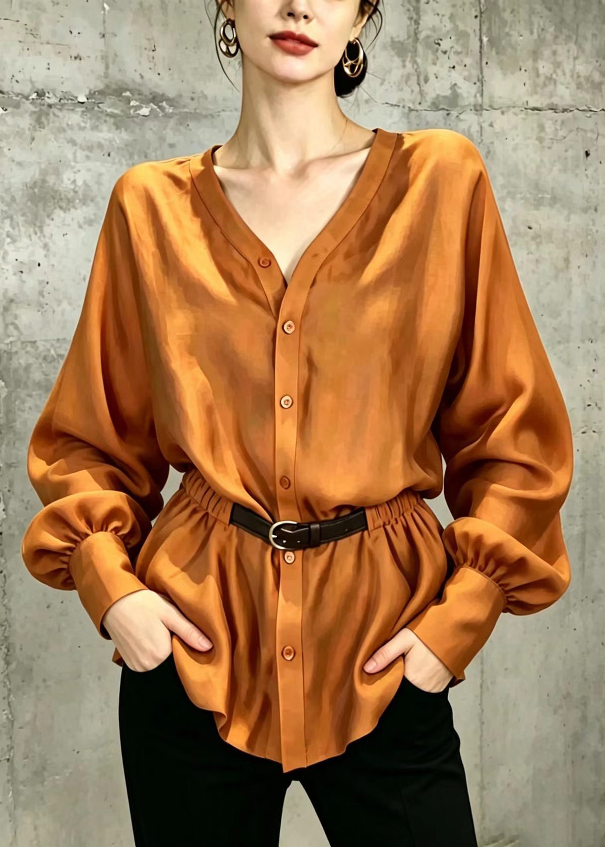 Chic Orange V Neck Button Front Belted Shirt Top Fall