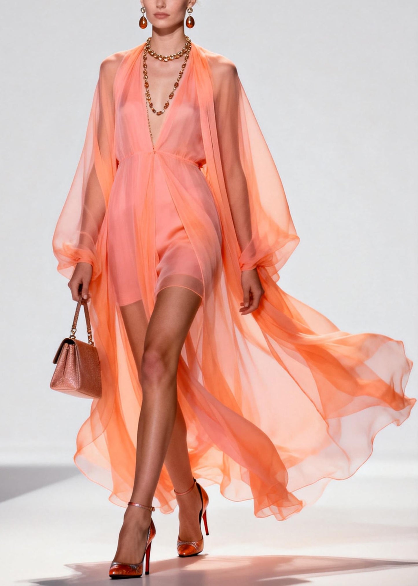 Chic Orange V Neck Patchwork Chiffon Two Pieces Set Summer