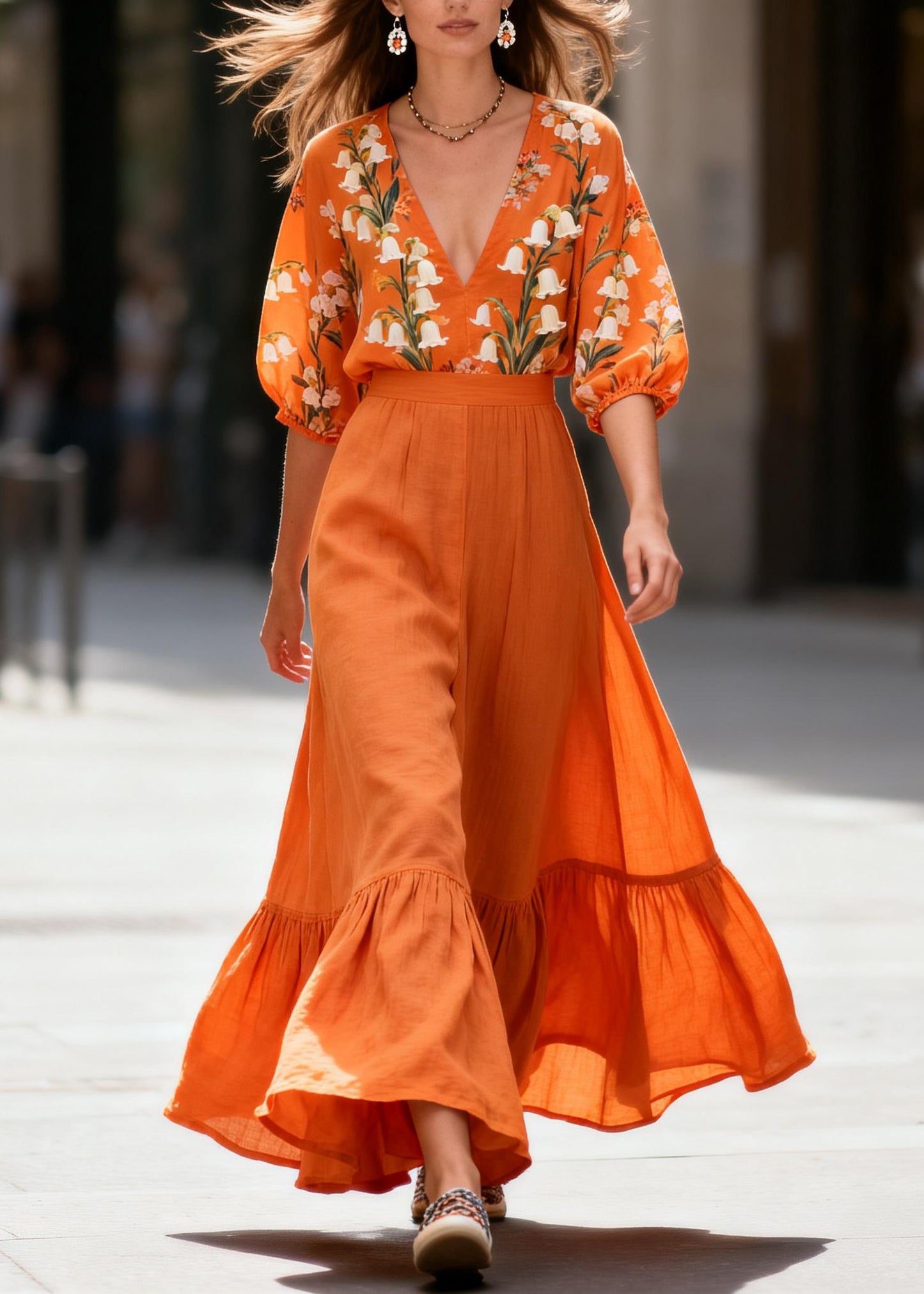 Chic Orange V Neck Print Top And Skirts Cotton Two-Piece Set Summer