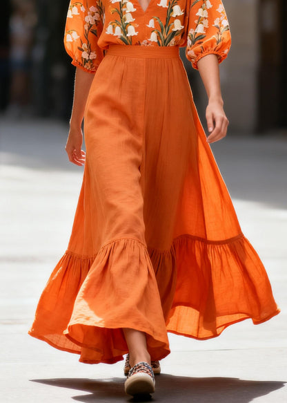 Chic Orange V Neck Print Top And Skirts Cotton Two-Piece Set Summer
