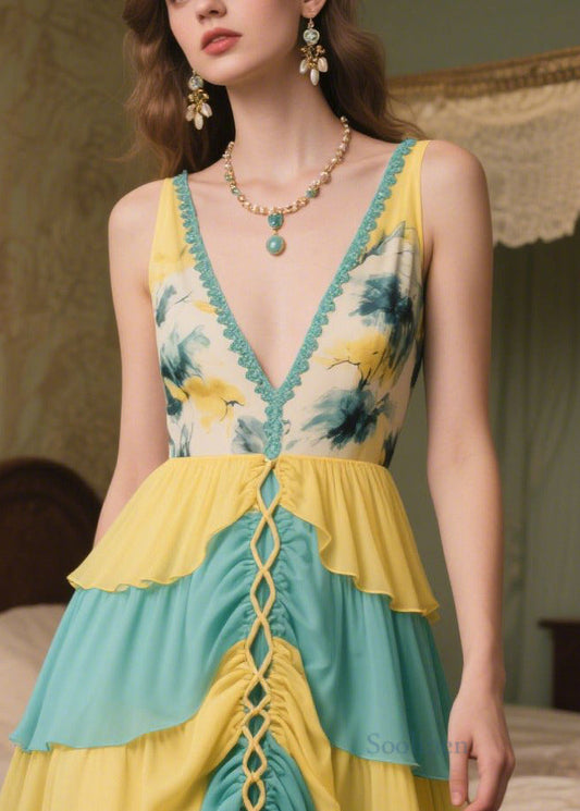 Chic Patchwork Chiffon Vestidos Dresses V Neck Cross Strap Summer