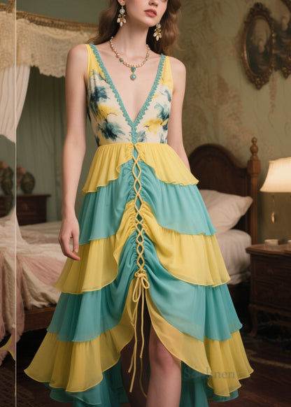 Chic Patchwork Chiffon Vestidos Dresses V Neck Cross Strap Summer