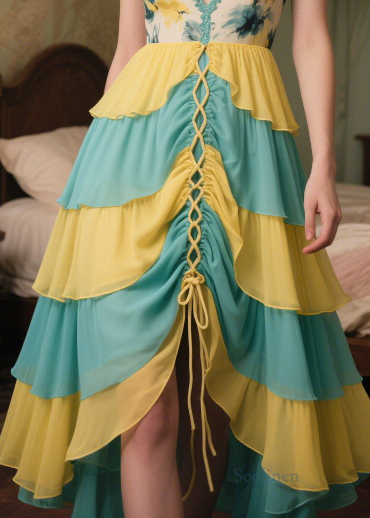 Chic Patchwork Chiffon Vestidos Dresses V Neck Cross Strap Summer