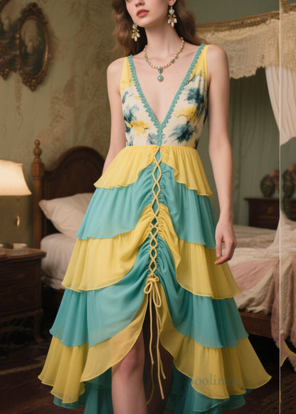 Chic Patchwork Chiffon Vestidos Dresses V Neck Cross Strap Summer