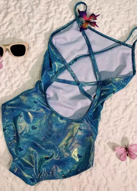 Chic Peacock Blue Feathers Print Backless Swimwear Bodysuit