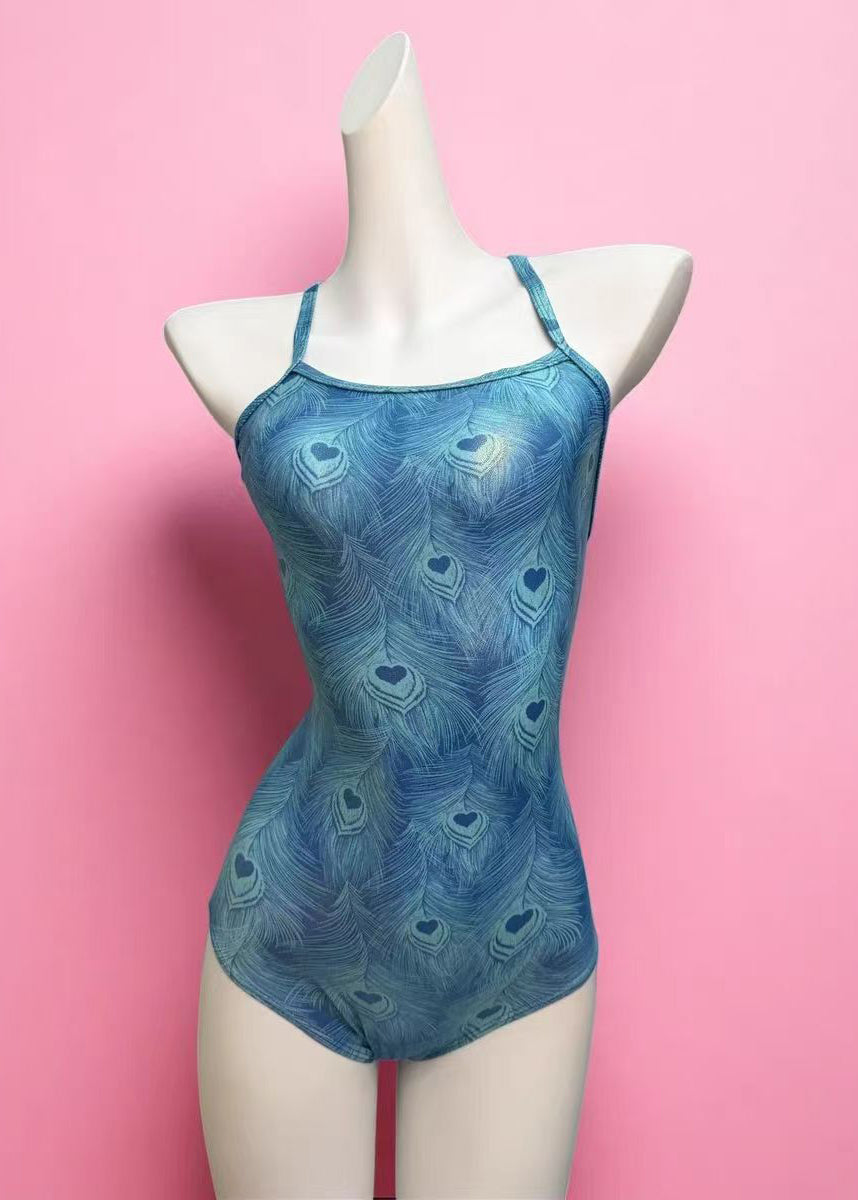 Chic Peacock Blue Feathers Print Backless Swimwear Bodysuit