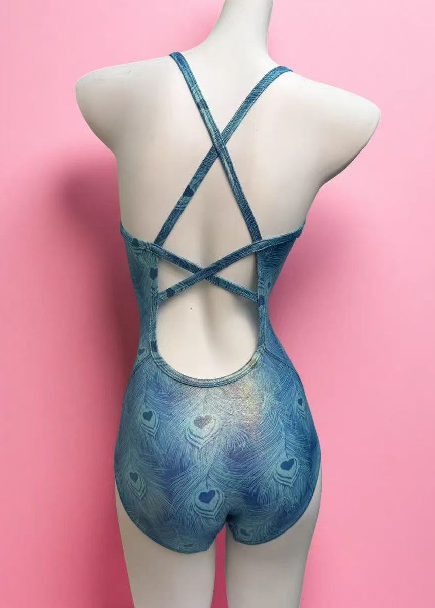 Chic Peacock Blue Feathers Print Backless Swimwear Bodysuit