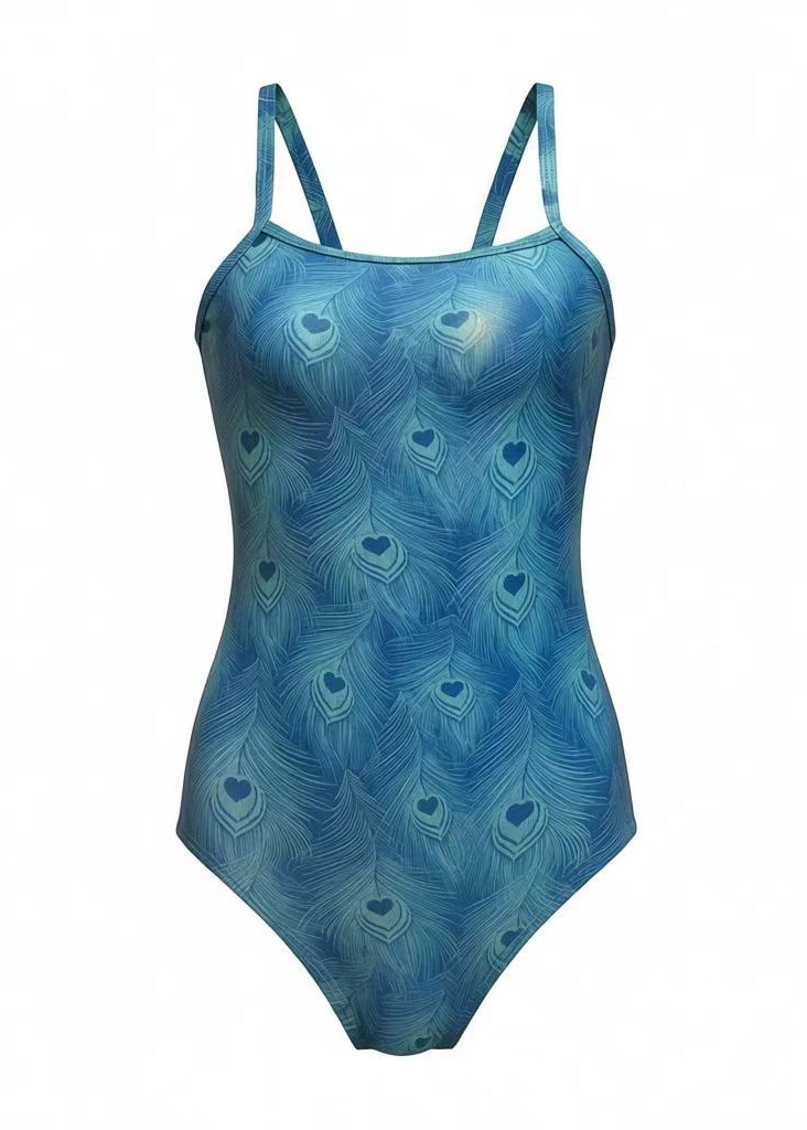 Chic Peacock Blue Feathers Print Backless Swimwear Bodysuit