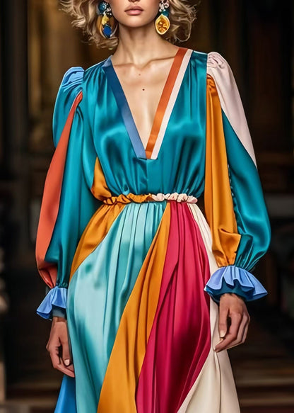 Chic Peacock Green V Neck Patchwork Silk Vacation Dresses Spring