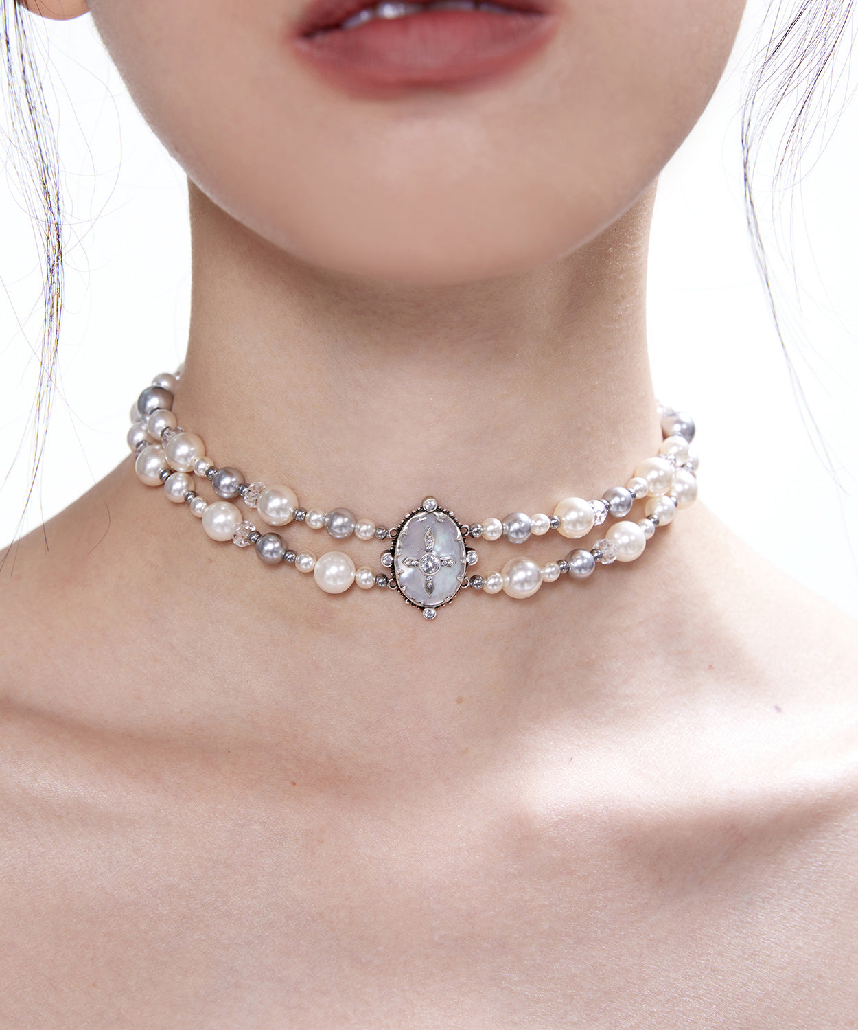 Chic Pearls Double Cross Double Layered Alloy Choker