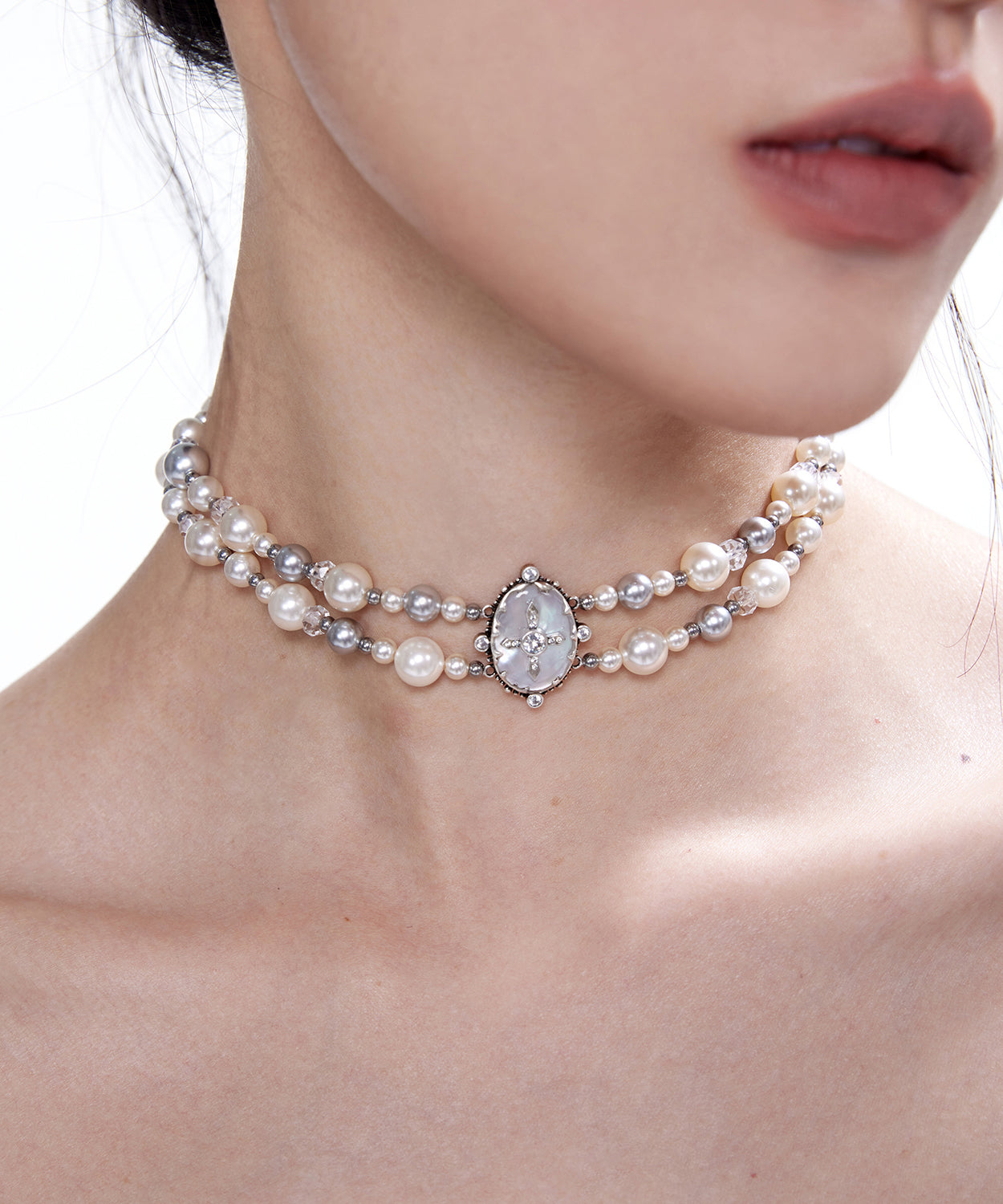 Chic Pearls Double Cross Double Layered Alloy Choker