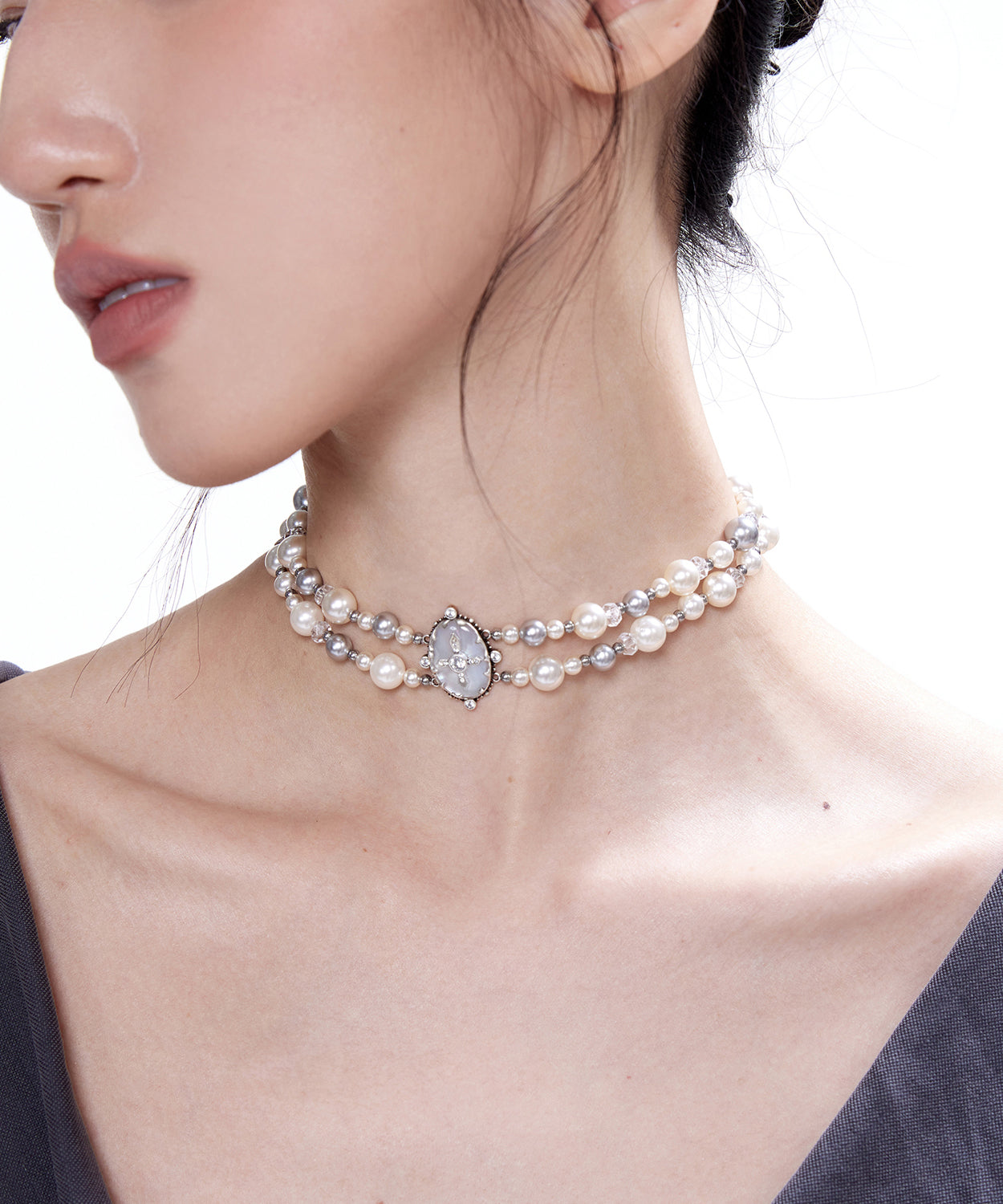 Chic Pearls Double Cross Double Layered Alloy Choker