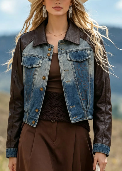 Chic Peter Pan Collar Faux Leather Patchwork Denim Coat Fall
