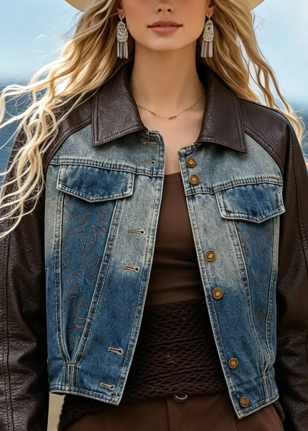 Chic Peter Pan Collar Faux Leather Patchwork Denim Coat Fall