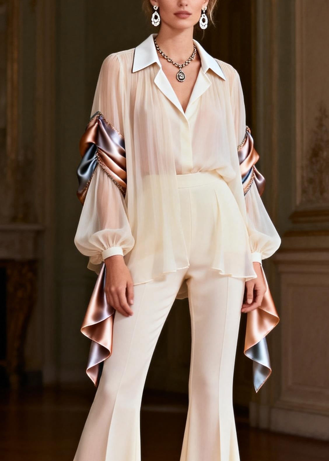 Chic Peter Pan Collar Patchwork Silk Two Pieces Set Spring