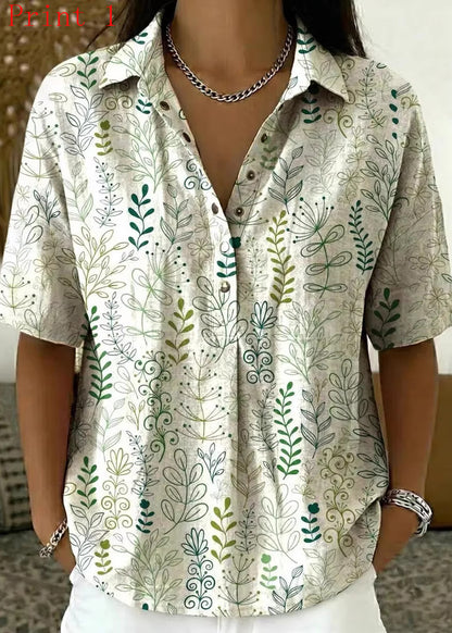 Chic Peter Pan Collar Print Cotton Shirts Summer