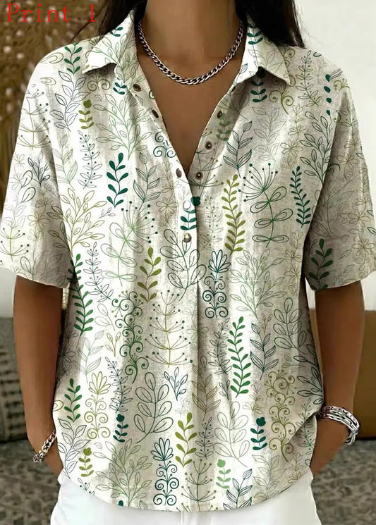 Chic Peter Pan Collar Print Cotton Shirts Summer