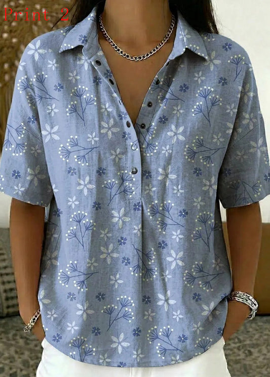 Chic Peter Pan Collar Print Cotton Shirts Summer