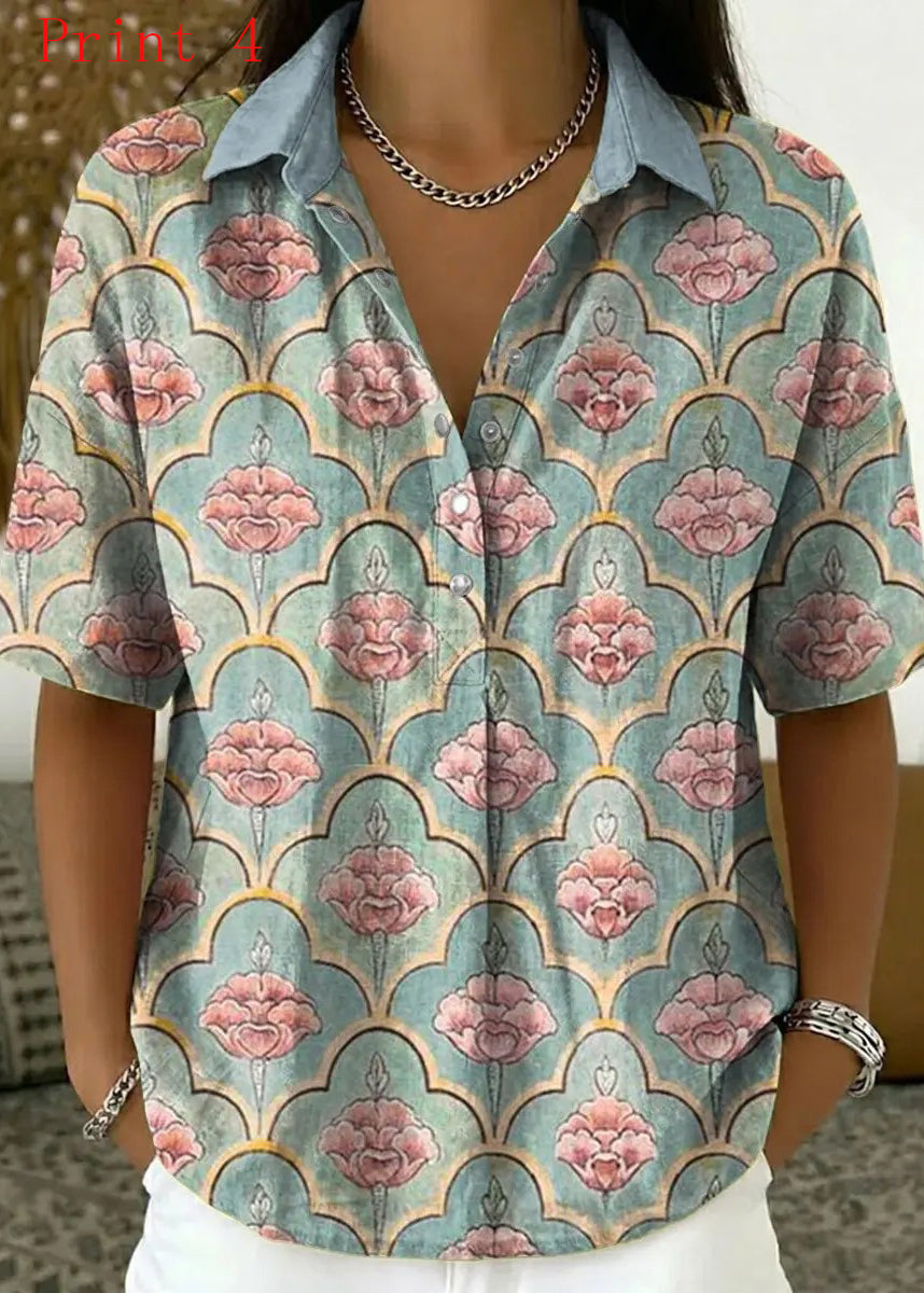 Chic Peter Pan Collar Print Cotton Shirts Summer