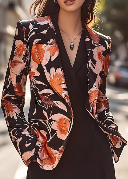 Chic Peter Pan Collar Print Satin Suit Coat Fall