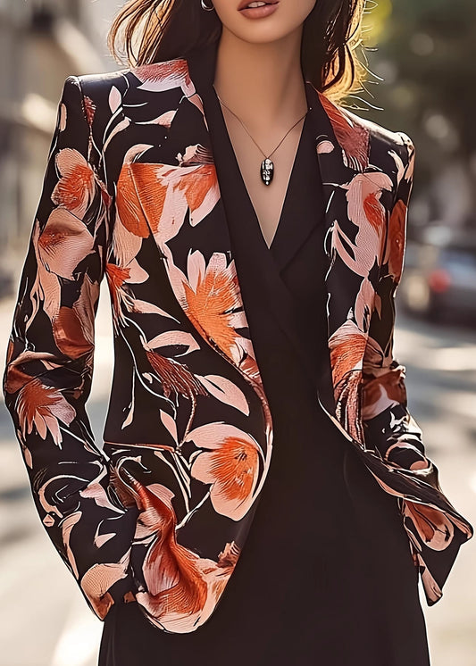 Chic Peter Pan Collar Print Satin Suit Coat Fall