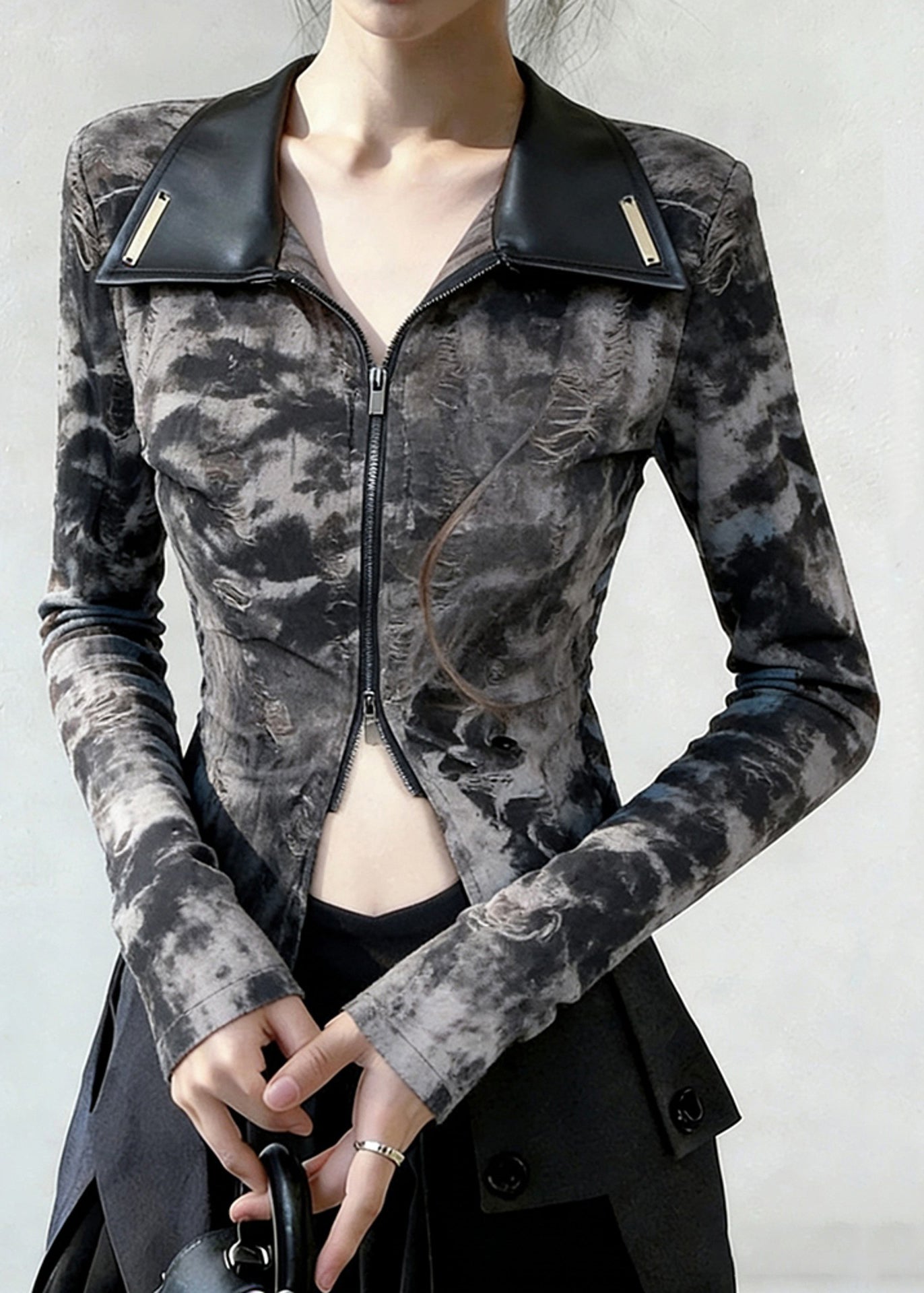 Chic Peter Pan Collar Tie Dye Zippered Faux Leather Patchwork T Shirts Spring