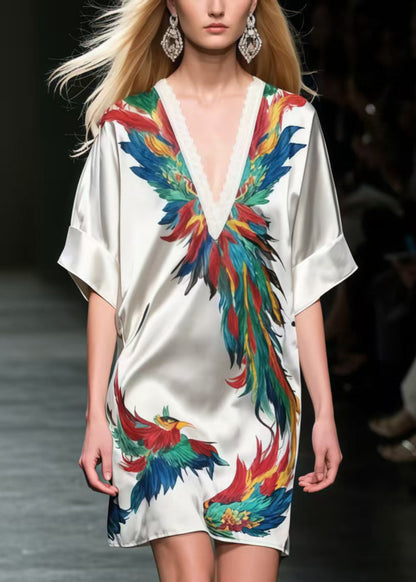 Chic Phoenix Print Silk Mid Dress Summer