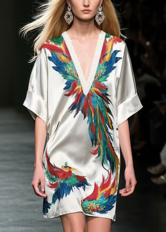 Chic Phoenix Print Silk Mid Dress Summer