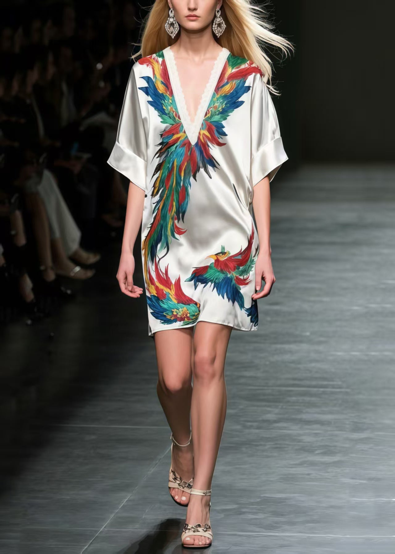 Chic Phoenix Print Silk Mid Dress Summer