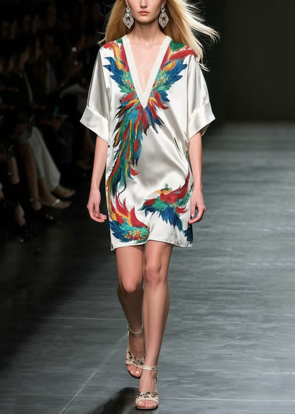 Chic Phoenix Print Silk Mid Dress Summer
